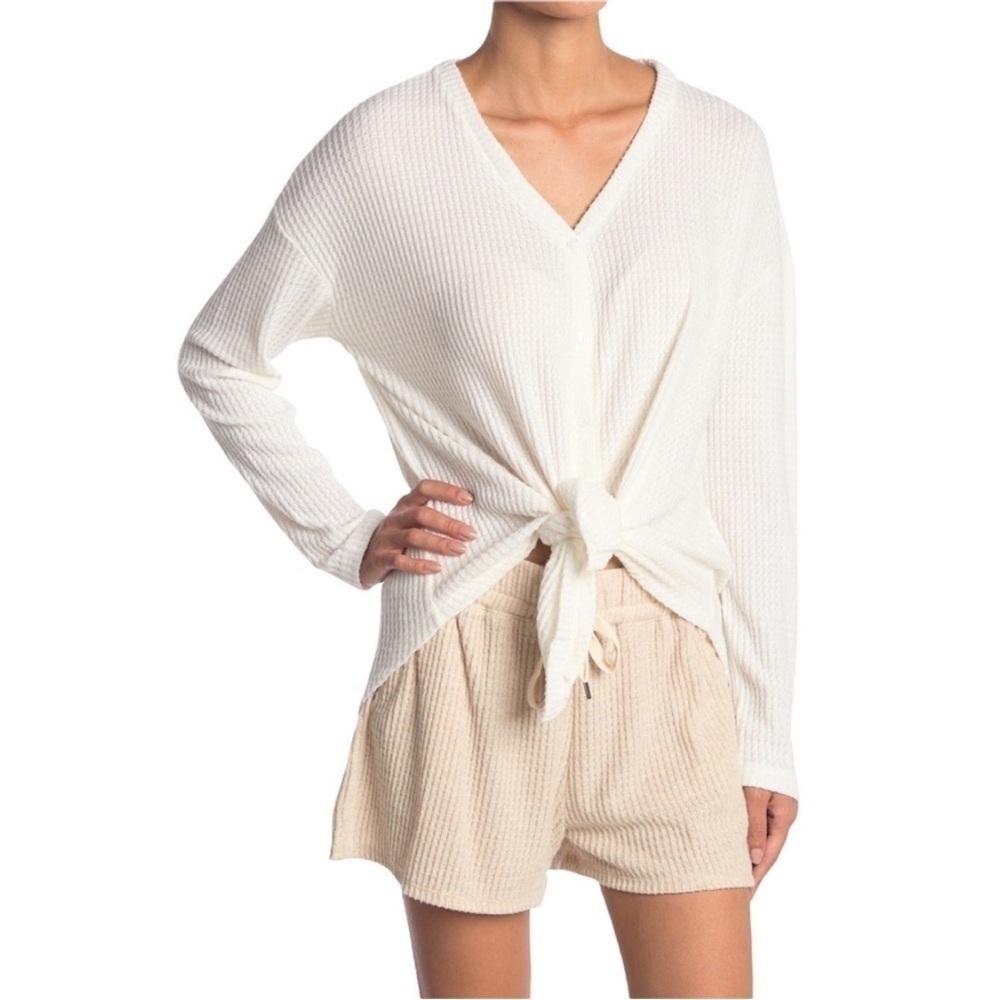 Gibson Nordstrom Thermal Knit Tie Front Button Down Top Off White Small NWT